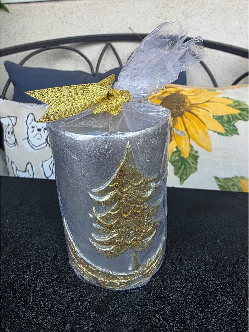Pier 1 Imports Silver & Gold Glitter Tree Christmas Pillar Candle (3" x 4")